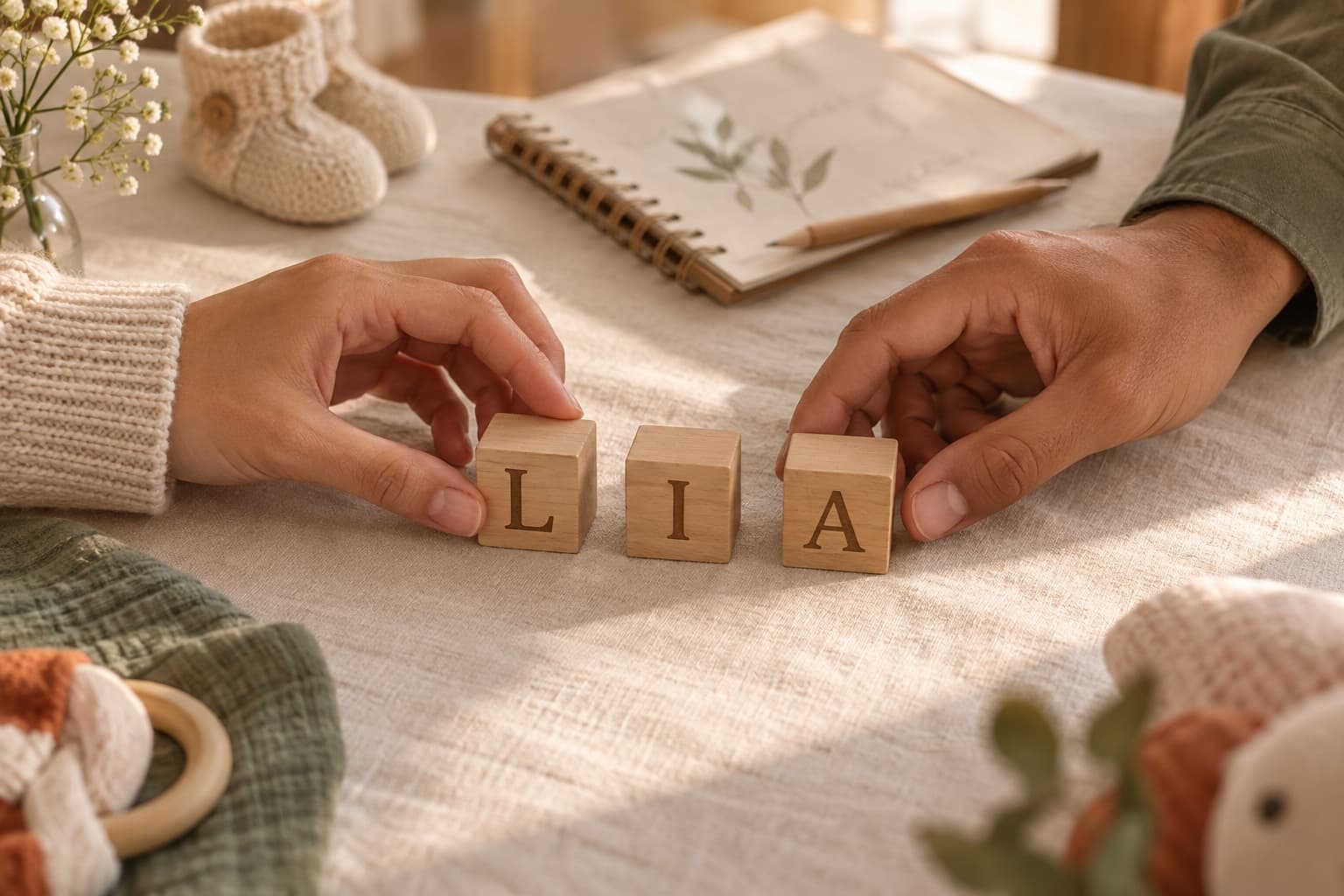 Mãos escolhendo letras de madeira para formar o nome Lia