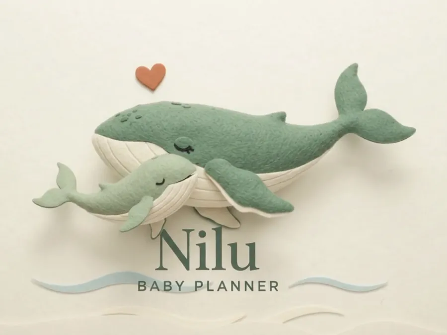 Ilustração em papel recortado de uma mãe baleia nadando com o filhote, símbolo da Nilu